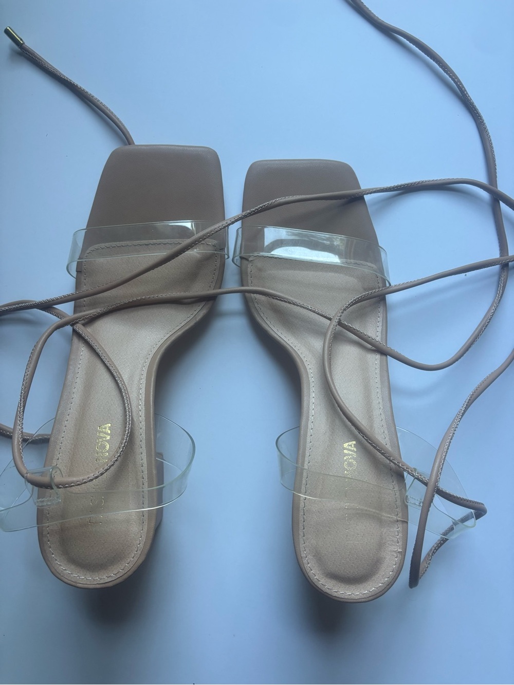 Fashion Nova Beige Lace-Up Heeled Sandals with Clear Straps